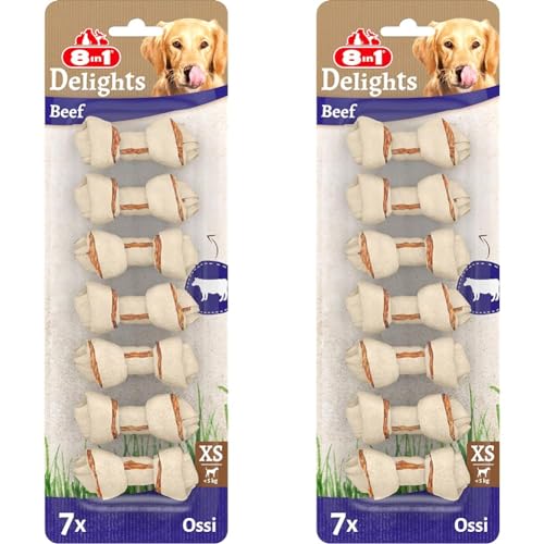 8in1 Delights Beef Knochen XS - gesunde Kauknochen für Sensible Mini Hunde, hochwertiges Rindfleisch eingewickelt in Rinderhaut, 7 Stück (Packung mit 2) von 8in1