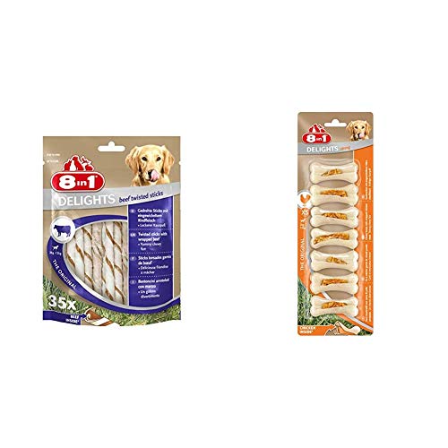 8in1 Delights Beef Twisted Sticks, gesunder Kausnack für Sensible Hunde, 35 Stück (190 g) & Delights Chicken Kauknochen Strong XS, extra stark für kräftig kauende sehr kleine Hunde, 7 Stück (140 g) von 8in1
