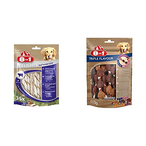 8in1 Delights Beef Twisted Sticks, gesunder Kausnack für Sensible Hunde, 35 Stück (190 g) & Triple Flavour Skewers Kausnack 6 Stück umwickelt mit Hähnchenfilet, 1-er Pack (113 g) von 8in1