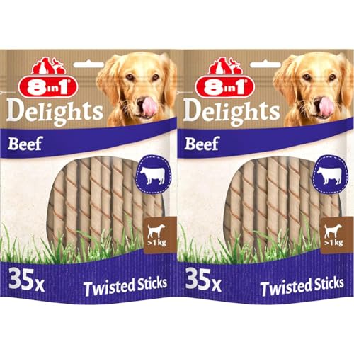 8in1 Delights Beef Twisted Sticks - gesunde Kaustangen für Sensible Hunde, hochwertiges Rindfleisch eingewickelt in Rinderhaut, 35 Stück (Packung mit 2) von 8in1