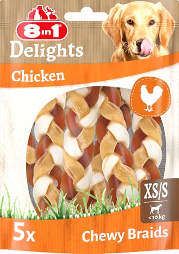 8in1 Delights Chewy Braids XS/S - leckerer Kausnack für kleine Hunde, bissfeste Rinderhaut mit köstlichem Huhn, 75g Beutel (5 Stück) von 8in1