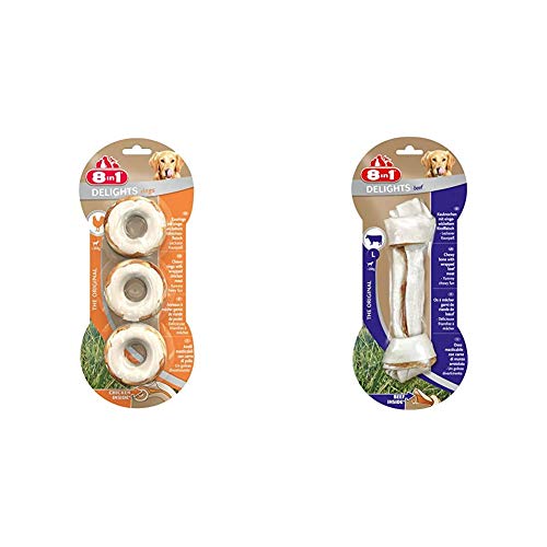 8in1 Delights Chicken, gesunder Kauksnack für Hunde, hochwertiges Hähnchenfleisch eingewickelt in Rinderhaut & Delights Beef Kauknochen L, gesunder Kausnack für große Sensible Hunde, 1 Stück (85 g) von 8in1