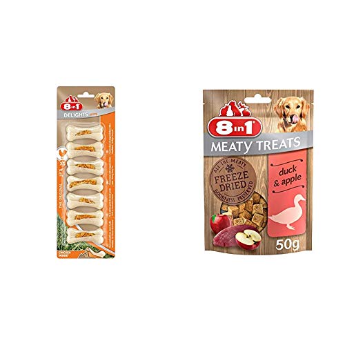 8in1 Delights Chicken Kauknochen Strong XS, 7 Stück (140 g) & Meaty Treats, gefriergetrocknete Hunde Leckerlis mit Ente & Apfel, getreidefrei und ohne Zucker (1 Beutel, 50 g) von 8in1