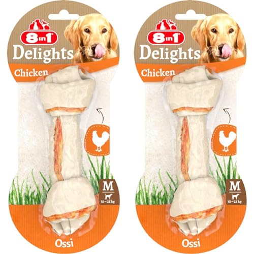8in1 Delights Chicken Knochen M - gesunder Kauknochen für mittelgroße Hunde, hochwertiges Hähnchenfleisch eingewickelt in Rinderhaut, 1 Stück (Packung mit 2) von 8in1