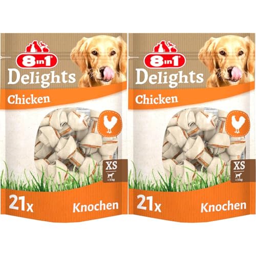 8in1 Delights Chicken Knochen XS - gesunde Kauknochen für Mini Hunde, hochwertiges Hähnchenfleisch eingewickelt in Rinderhaut, 21 Stück (Packung mit 2) von 8in1