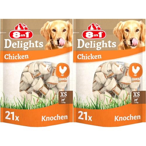 8in1 Delights Chicken Knochen XS - gesunde Kauknochen für Mini Hunde, hochwertiges Hähnchenfleisch eingewickelt in Rinderhaut, 21 Stück (Packung mit 2) von 8in1