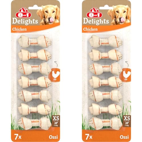 8in1 Delights Chicken Knochen XS - gesunde Kauknochen für Mini Hunde, hochwertiges Hähnchenfleisch eingewickelt in Rinderhaut, 7 Stück (Packung mit 2) von 8in1