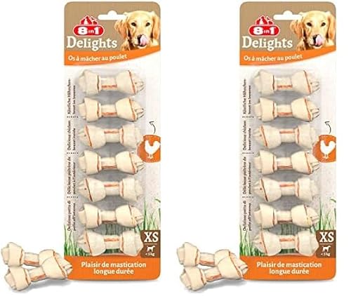 8in1 Delights Chicken Knochen XS - gesunde Kauknochen für Mini Hunde, hochwertiges Hähnchenfleisch eingewickelt in Rinderhaut, 7 Stück (Packung mit 2) von 8in1