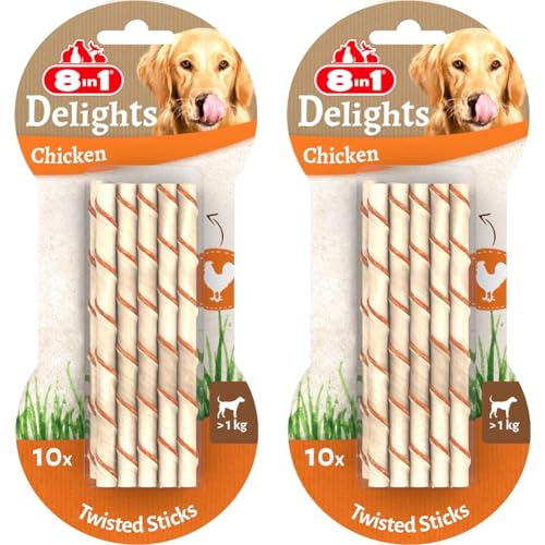 8in1 Delights Chicken Twisted Sticks - gesunde Kaustangen für Hunde, hochwertiges Hähnchenfleisch eingewickelt in Rinderhaut, 10 Stück (Packung mit 2) von 8in1