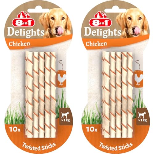 8in1 Delights Chicken Twisted Sticks - gesunde Kaustangen für Hunde, hochwertiges Hähnchenfleisch eingewickelt in Rinderhaut, 10 Stück (Packung mit 2) von 8in1