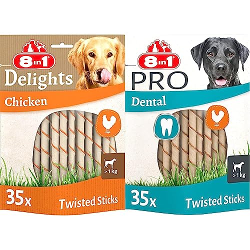 8in1 Delights Chicken Twisted Sticks - gesunde Kaustangen für Hunde, hochwertiges Hähnchenfleisch eingewickelt in Rinderhaut & Pro Dental Twisted Sticks - gesunde Kaustangen für Hunde zur Zahnpflege von 8in1