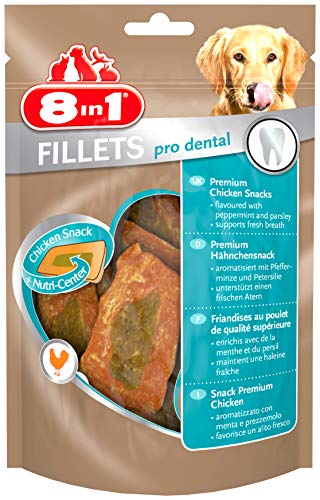 8in1 Fillets Pro Dental Hunde-Snack mit Hähnchen, funktionale Leckerlis für Hunde, unterstützt einen frischen Atem, 80 g Beutel von 8in1