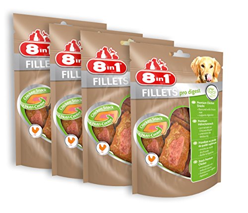 8in1 Fillets Pro Digest Hunde-Snack mit Hähnchen, funktionale Leckerlis für Hunde, unterstützt die Verdauung, 4 x 80 g Beutel von 8in1