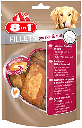 8in1 Fillets Pro Skin & Coat Hunde-Snack mit Hähnchen, funktionale Leckerlis für Hunde, aromatisiert mit Leinsamenöl, 80 g Beutel von 8in1