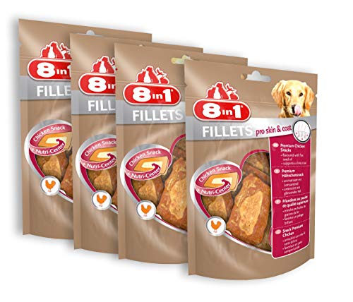 8in1 Fillets Pro Skin & Coat Hunde-Snack mit Hähnchen, funktionale Leckerlis für Hunde, aromatisiert mit Leinsamenöl, 4 x 80 g Beutel von 8in1