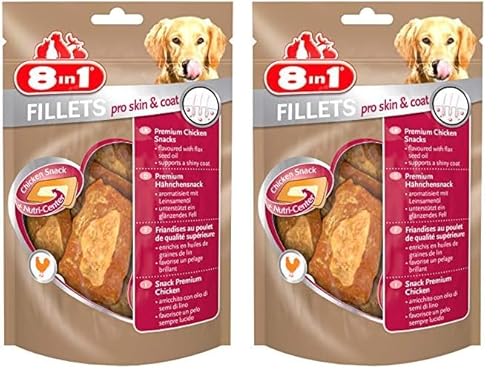 8in1 Fillets Pro Skin & Coat Hunde-Snack mit Hähnchen, funktionale Leckerlis für Hunde, aromatisiert mit Leinsamenöl, 80 g Beutel (Packung mit 2) von 8in1