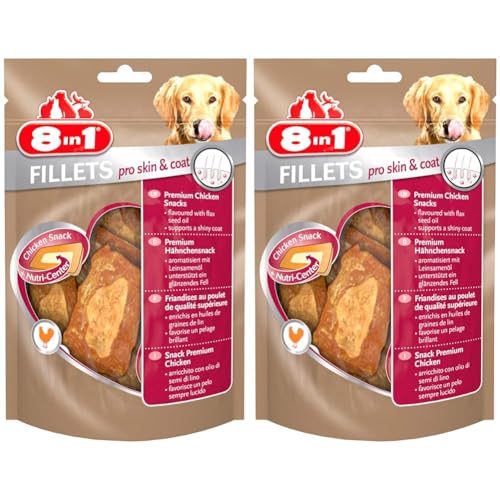 8in1 Fillets Pro Skin & Coat Hunde-Snack mit Hähnchen, funktionale Leckerlis für Hunde, aromatisiert mit Leinsamenöl, 80 g Beutel (Packung mit 2) von 8in1