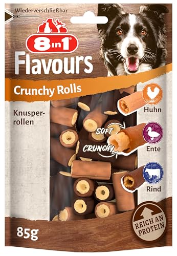 8in1 Flavours Crunchy Rolls Hunde-Snacks - knusprige Leckerlis für Hunde mit Hähnchenbrust, Entenbrust oder Rindfleisch, 85 g Beutel von 8in1