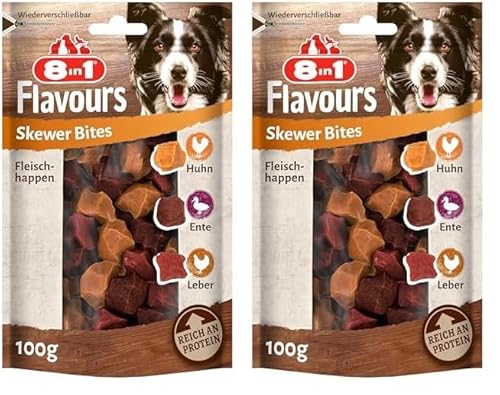 8in1 Flavours Skewer Bites Fleisch-Snacks - proteinreiche Hunde-Leckerlis mit Hähnchebrust, Entenbrust oder Hühnerleber, 100 g Beutel (Packung mit 2) von 8in1