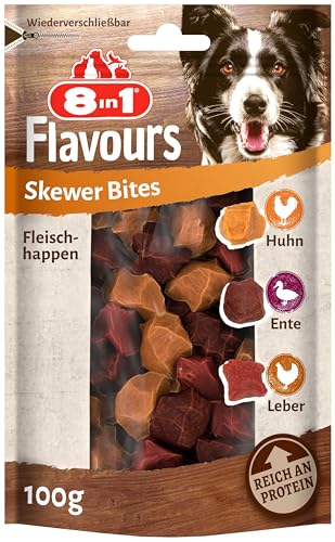 8in1 Flavours Skewer Bites Fleisch-Snacks - proteinreiche Hunde-Leckerlis mit Hähnchebrust, Entenbrust oder Hühnerleber, 100 g Beutel von 8in1