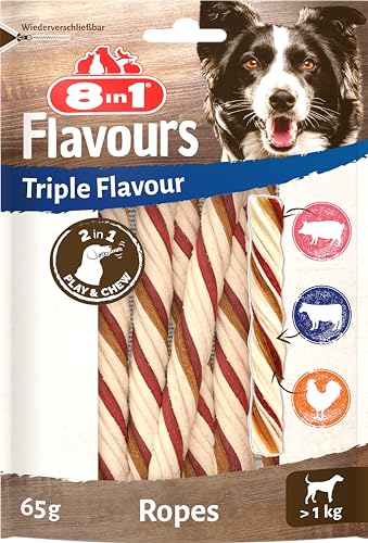 8in1 Triple Flavour Ropes Kaustangen für Hunde - Kausnacks zum Spielen und Kauen mit Rindfleisch, Schweinefleisch und Hähnchenfleisch, 65 g Beutel (ca. 6 Stück) 8in1 Triple Flavour Ropes Kaustangen für Hunde - Kausnacks zum Spielen und Kauen mit Rindfleisch, Schweinefleisch und Hähnchenfleisch, 65 g Beutel (ca. 6 Stück) von 8in1