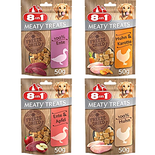 8in1 Meaty Treats, gefriergetrocknete Hunde Leckerlis, Mix Pack mit versch. Sorten, getreidefrei und ohne Zucker, 4 x 50 g von 8in1