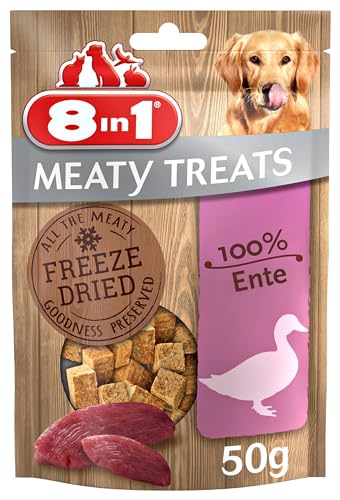 8in1 Meaty Treats, gefriergetrocknete Hunde Leckerlis aus Ente, 100% Fleisch, getreidefrei und ohne Zucker, 50 g Beutel von 8in1