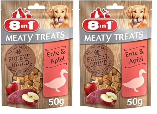 8in1 Meaty Treats, gefriergetrocknete Hunde Leckerlis mit Ente & Apfel, getreidefrei und ohne Zucker, 50 g Beutel (Packung mit 2) von 8in1