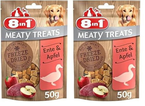 8in1 Meaty Treats, gefriergetrocknete Hunde Leckerlis mit Ente & Apfel, getreidefrei und ohne Zucker, 50 g Beutel (Packung mit 2) von 8in1