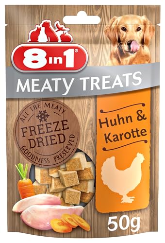 8in1 Meaty Treats, gefriergetrocknete Hunde Leckerlis mit Huhn & Karotte, getreidefrei und ohne Zucker, 50 g Beutel von 8in1