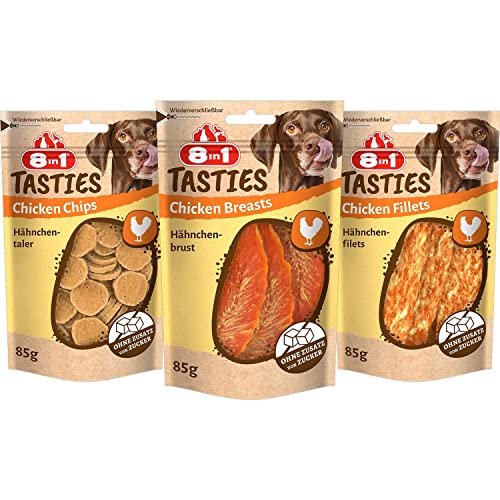 8in1 Tasties Chicken Hunde-Snacks - getreidefreie Leckerlis aus köstlicher Hähnchenbrust, 3er Pack mit Chicken Breasts, Chicken Chips & Chicken Fillets von 8in1