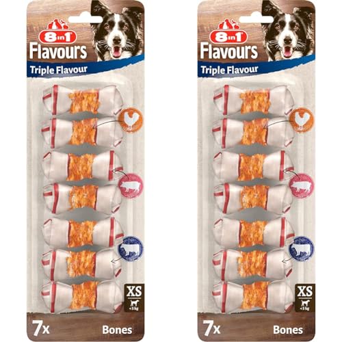 8in1 Triple Flavour Knochen XS - leckere Hundeknochen mit Hähnchenfilet, Schweine- und Rinderhaut, 7 Stück (Packung mit 2) von 8in1