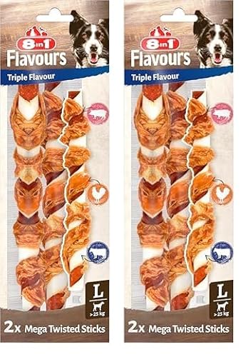 8in1 Triple Flavour Mega Twisted Sticks - große Kaustangen mit Hähnchenfilet, Schweine und Rinderhaut, 140g Beutel (2 Stück) (Packung mit 2) von 8in1