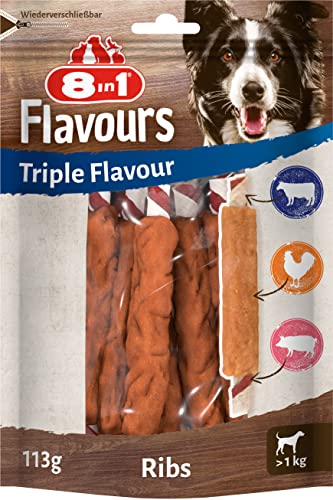 8in1 Triple Flavour Ribs Kaustangen für Hunde - Kausnacks mit extra viel Fleisch, 113g Beutel (ca. 6 Stück) von 8in1