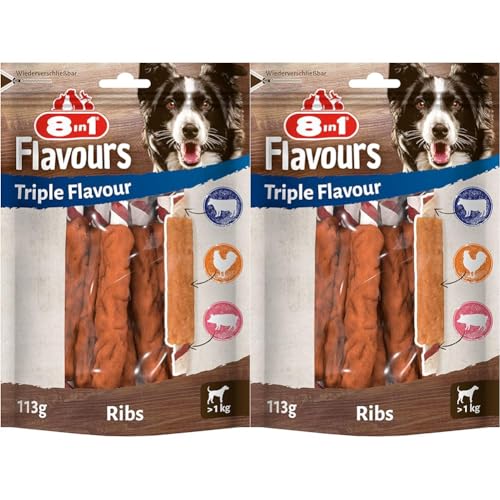 8in1 Triple Flavour Ribs Kaustangen für Hunde - Kausnacks mit extra viel Fleisch, 113g Beutel (ca. 6 Stück) (Packung mit 2) von 8in1