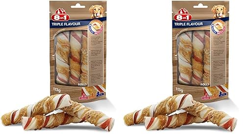 8in1 Triple Flavour Rolls Kaustangen für Hunde - Kausnacks mit extra viel Fleisch, 113g Beutel (3 Stück) (Packung mit 2) von 8in1