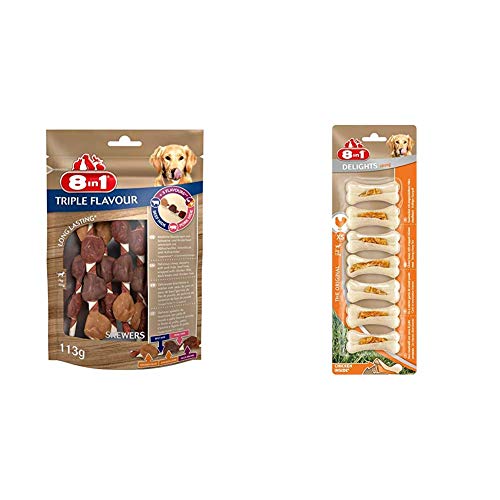 8in1 Triple Flavour Skewers Kausnack 6 Stück umwickelt mit Hähnchenfilet, 1-er Pack (113 g) & Delights Chicken Kauknochen Strong XS, extra stark für kräftig kauende sehr kleine Hunde, 7 Stück (140 g) von 8in1