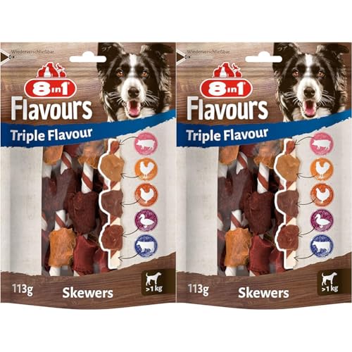 8in1 Triple Flavour Skewers Kaustangen für Hunde - Kausnacks mit extra viel Fleisch, 113g Beutel (Packung mit 2) von 8in1