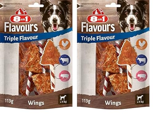 8in1 Triple Flavour Wings Kaustangen für Hunde - Kausnacks mit extra viel Fleisch, 113g Beutel (ca. 6 Stück) (Packung mit 2) von 8in1