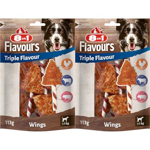 8in1 Triple Flavour Wings Kaustangen für Hunde - Kausnacks mit extra viel Fleisch, 113g Beutel (ca. 6 Stück) (Packung mit 2) von 8in1