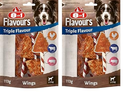 8in1 Triple Flavour Wings Kaustangen für Hunde - Kausnacks mit extra viel Fleisch, 113g Beutel (ca. 6 Stück) (Packung mit 2) von 8in1