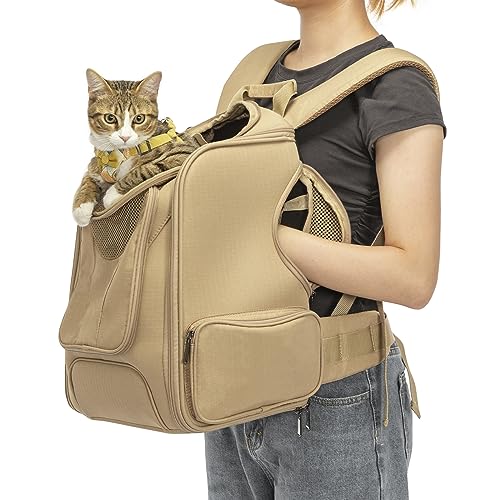 A 4 Pet Katzenrucksack Atmungsaktive Katzentasche Leichte Hundetasche für Unterwegs Backpack für Katzen & Kleine Hunde Druckreduzierender Bund, Khaki/S von A 4 Pet
