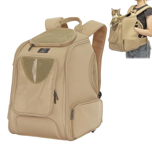 A 4 Pet Katzenrucksack Atmungsaktive Katzentasche Leichte Hundetasche für Unterwegs Backpack für Katzen & Kleine Hunde Druckreduzierender Bund, Khaki/S von A 4 Pet