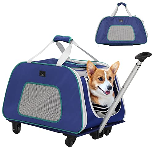 A 4 Pet Haustier-Transporttasche mit Rollen für kleine und mittelgroße Hunde und Katzen bis zu 15 kg, zusammenklappbar, Belüftungsfenster aus Netzstoff und Sicherheitsseil, Marineblau + Grün von A 4 Pet