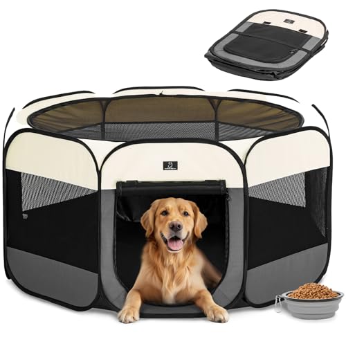 A 4 Pet Hunde-Laufstall für große Hunde, tragbarer Haustier-Laufstall mit wasserdichtem Boden & abnehmbarem Reißverschluss, Innen- und Außenbereich, mit Schale, Dunkelgrau und Beige von A 4 Pet
