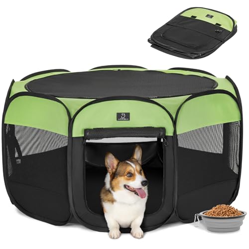 A 4 Pet Hunde-Laufstall für mittelgroße Hunde, Laufstall mit abnehmbarem Oberteil, wasserdichte Unterseite, zusammenklappbarer Hundegehege Indoor/Outdoor, mit Schale, Schwarz und Grün von A 4 Pet