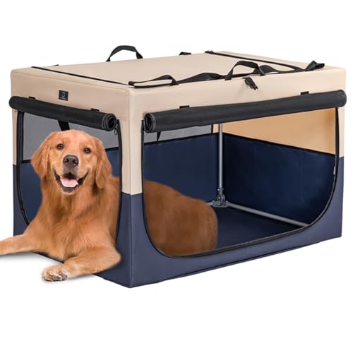 A 4 Pet Hundebox faltbar für große Hunde, Hundebox für zuhause Auto Hundetransportbox einstellbare Kompatibilität, tragbare Kennel Hund mit integriertem Aluminium Rahmen (L, Blau) von A 4 Pet
