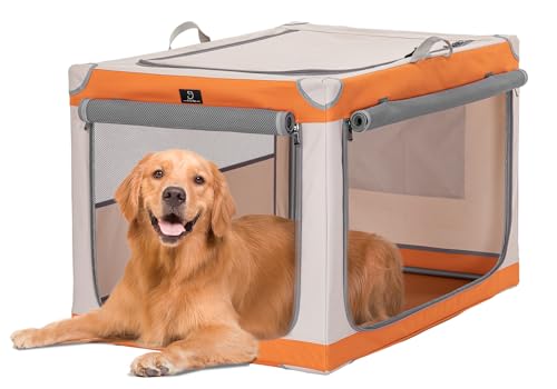 A 4 Pet Hundebox faltbar große Hunde,Hundebox für zuhause Auto Hundetransportbox Soft tragebar, leicht zu verstauen mit montiertem Aluminium Rahmen, einstellbare Kompatibilität (L, Orange+Beige) von A 4 Pet