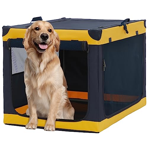 A 4 Pet Hundebox faltbar große Hunde, Hundebox für zuhause tragebar Hundetransportbox Transportbox Hund, leicht zu verstauen mit montiertem Aluminium Rahmen, einstellbare Kompatibilität(XL, Gelb) von A 4 Pet