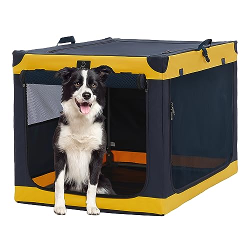 A 4 Pet Hundebox für große Hunde, faltbar Hundebox Soft tragebar leicht zu verstauen mit montiertem Aluminium Rahmen, einstellbare Kompatibilität (L, Gelb) von A 4 Pet
